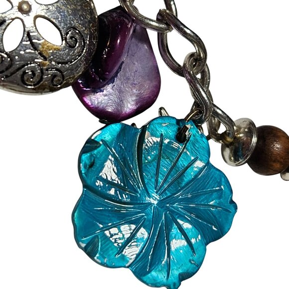 Handcrafted Charm Bracelet Wooden Beads Metal Heart Bird Blue Floral Charms - Picture 4 of 8